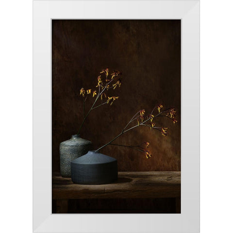 Still Life With Oker Flowers White Modern Wood Framed Art Print by Dingemans, Saskia