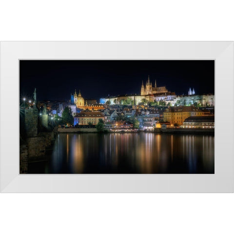 Prague At Night White Modern Wood Framed Art Print by Osuna, Fran