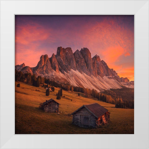 Cabins In The Dolomites White Modern Wood Framed Art Print by Penta, Federico