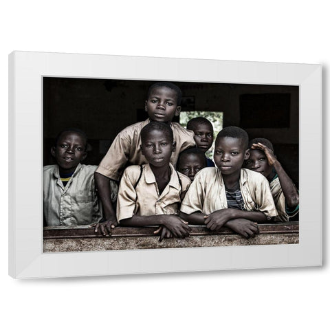 Boys At School In Benin White Modern Wood Framed Art Print by Inazio Kuesta, Joxe
