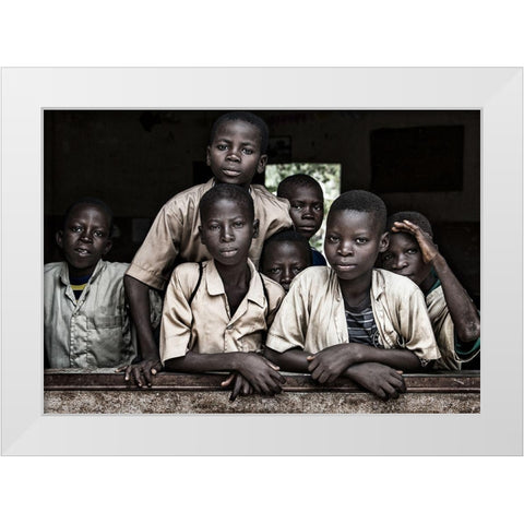 Boys At School In Benin White Modern Wood Framed Art Print by Inazio Kuesta, Joxe