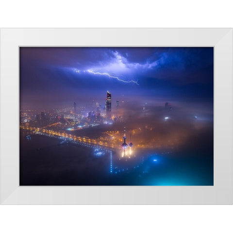 Fog And Lightning In Kuwait City White Modern Wood Framed Art Print by Alnomas, Faisal