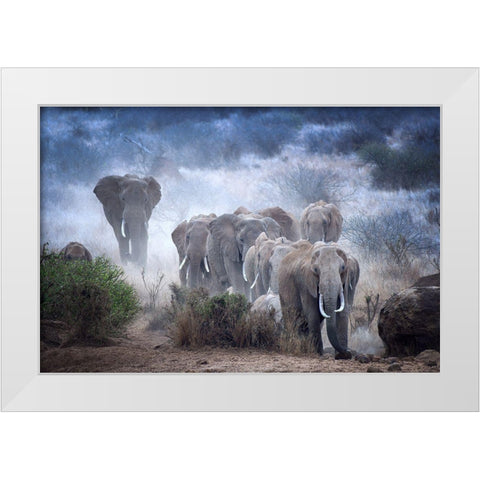 Elephants Of Amboseli White Modern Wood Framed Art Print by George, Sherin