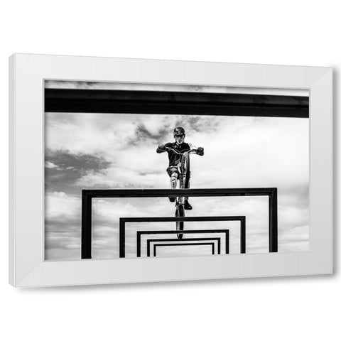 Trial Biker White Modern Wood Framed Art Print by SZABO, ATTILA
