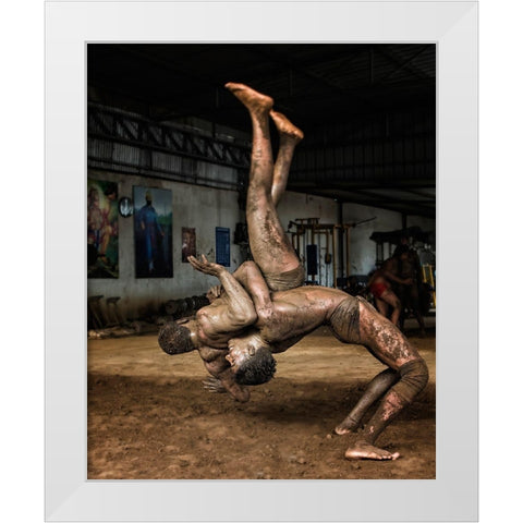 Indian Wrestling White Modern Wood Framed Art Print by Grover, Manik