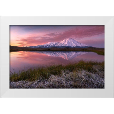 Frosty Morning At Tolbachik Volcano... White Modern Wood Framed Art Print by Kukrinov, Alexandr