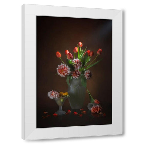 Orange Tulips And Dahlia White Modern Wood Framed Art Print by Jacobs, Lydia