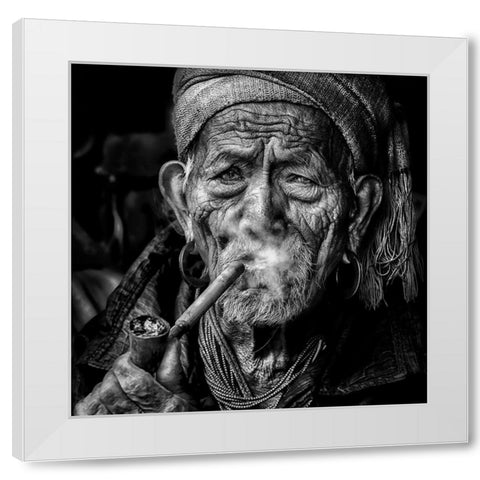 Elderly Smoker White Modern Wood Framed Art Print by Pandolfini, Sergio