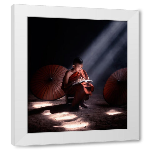 Monk White Modern Wood Framed Art Print by Mikael, Fira