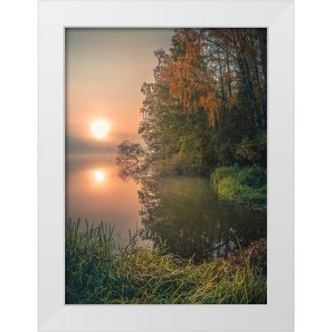 Foggy Fall Lake White Modern Wood Framed Art Print by Lindsten, Christian