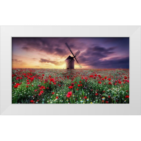 Spring By The Windmill White Modern Wood Framed Art Print by Antonio Trivino, Jose