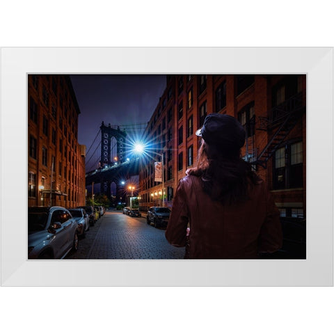 Manhattan Bridge White Modern Wood Framed Art Print by Foto, Patrick