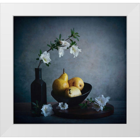 Pears A Flowers White Modern Wood Framed Art Print by Zhou, Fangping