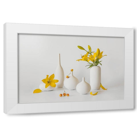 Blooming Lily And Sweet Cherry White Modern Wood Framed Art Print by Jacobs, Lydia