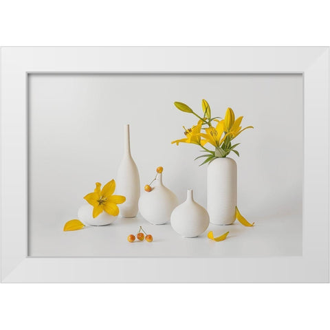 Blooming Lily And Sweet Cherry White Modern Wood Framed Art Print by Jacobs, Lydia