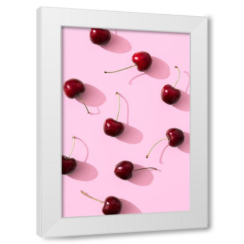 Cherries on pink background White Modern Wood Framed Art Print by 1x Studio III