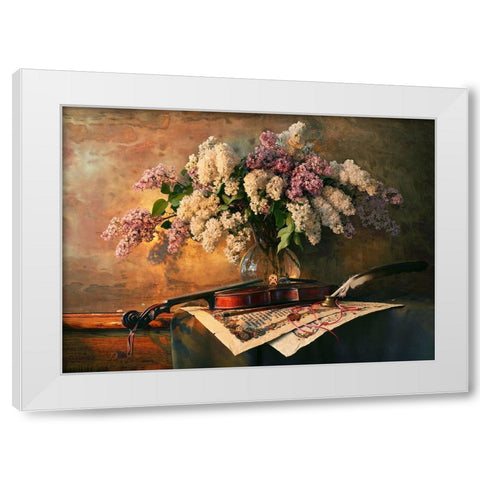 Still Life With Violin And Lilac Flowers White Modern Wood Framed Art Print by Morozov, Andrey