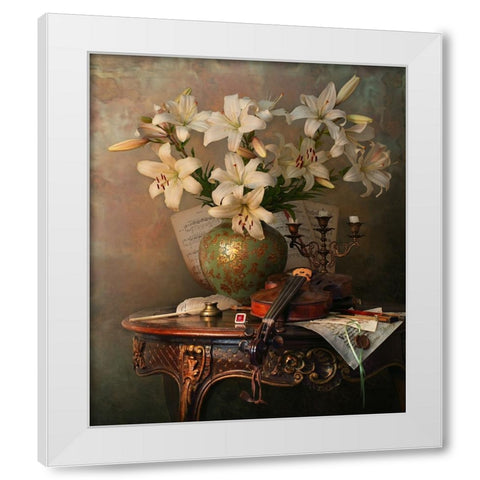 Still Life With Violin And Lilies White Modern Wood Framed Art Print by Morozov, Andrey