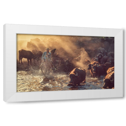 The Buffalo Shepherd White Modern Wood Framed Art Print by Aktar, Meric