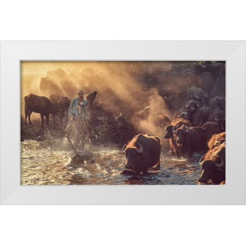 The Buffalo Shepherd White Modern Wood Framed Art Print by Aktar, Meric