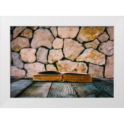 Old Open Book On Old Wooden Table On A Background Of Stone Walls White Modern Wood Framed Art Print by Solovie, Andre