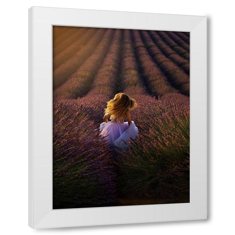 A Girl Running Towards The Flower Field White Modern Wood Framed Art Print by Hu, Mei
