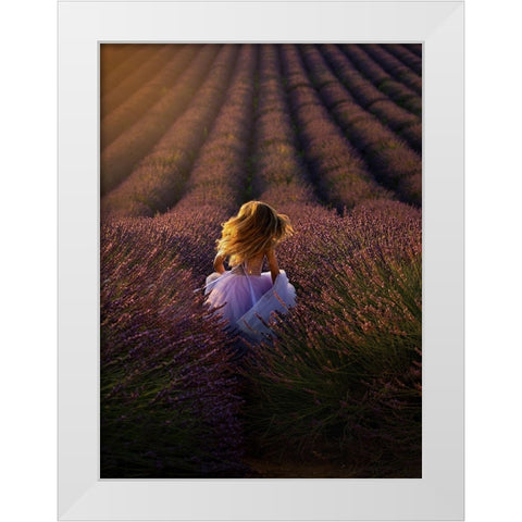 A Girl Running Towards The Flower Field White Modern Wood Framed Art Print by Hu, Mei
