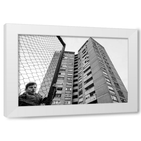The Boy Behind The Fence White Modern Wood Framed Art Print by Cvetkovic, Svetislav
