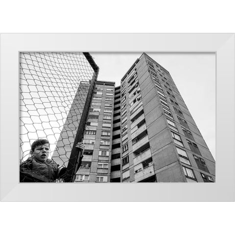 The Boy Behind The Fence White Modern Wood Framed Art Print by Cvetkovic, Svetislav