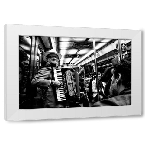 Music On The Subway White Modern Wood Framed Art Print by Fossella, Nicola