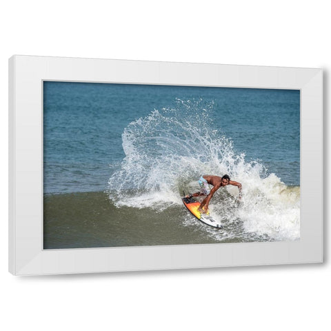 Surfing At Chennai White Modern Wood Framed Art Print by GV, Balasurbramanian