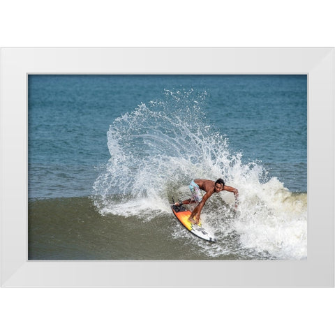 Surfing At Chennai White Modern Wood Framed Art Print by GV, Balasurbramanian