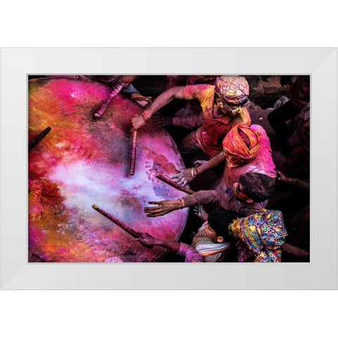 Holi Drummers In Barsana White Modern Wood Framed Art Print by Rana, Ajit