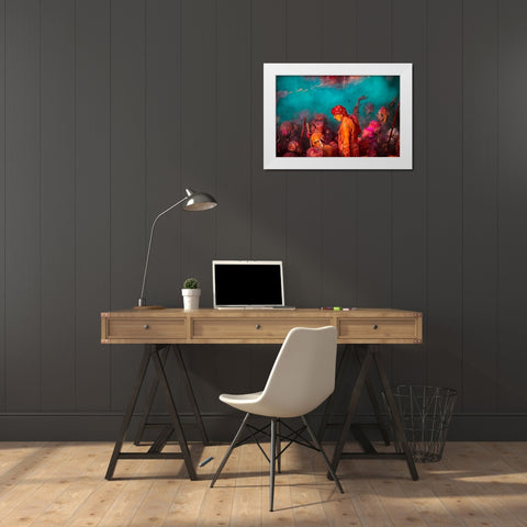 A Blue Hue Over The Singers At The Samaj During Holi White Modern Wood Framed Art Print by Rana, Ajit