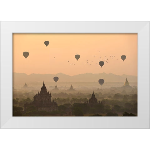 Bagan, balloons flying over ancient temples White Modern Wood Framed Art Print by Intarob, Sarawut