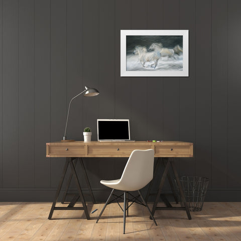 Gallop In A Duel White Modern Wood Framed Art Print by Malovrh, Milan