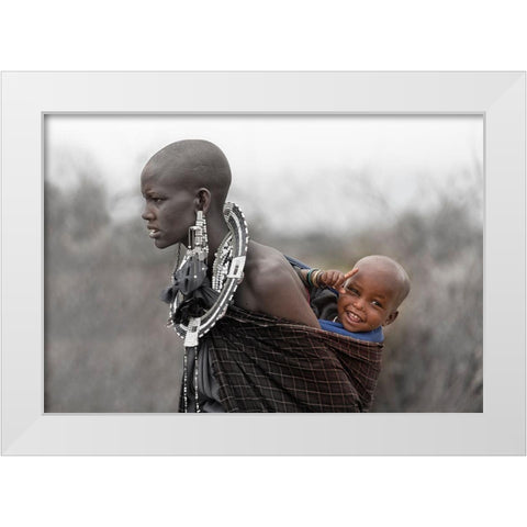 Maasai Mother And Son White Modern Wood Framed Art Print by Ren, Yuzheng