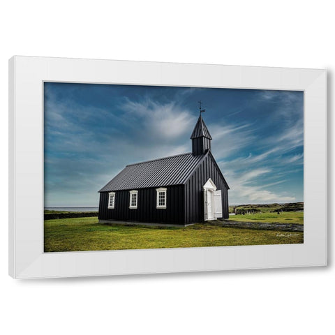 Black Church In Iceland White Modern Wood Framed Art Print by Gudmundsson, Kristvin