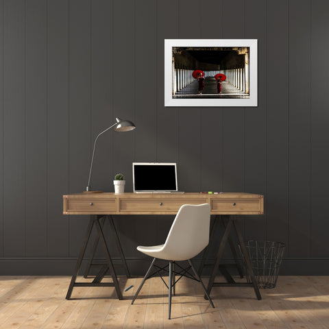 Two Monks Walking Home White Modern Wood Framed Art Print by Rana, Ajit