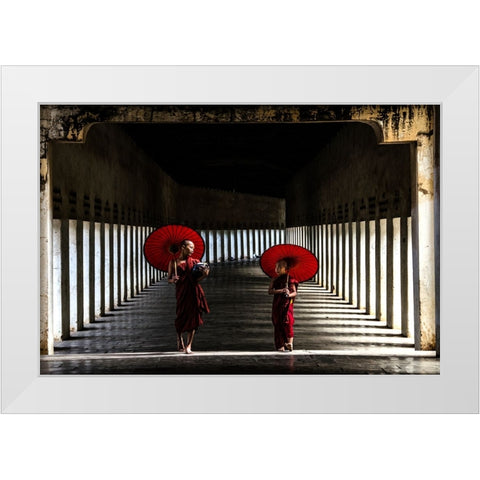 Two Monks Walking Home White Modern Wood Framed Art Print by Rana, Ajit