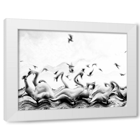 Swans waves White Modern Wood Framed Art Print by Dinca, Silvia