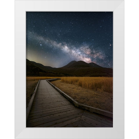 Milky Way shining in the sky of Kuju Mountain Range White Modern Wood Framed Art Print by Awakari