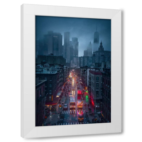 Raining China Town White Modern Wood Framed Art Print by De La, Javier
