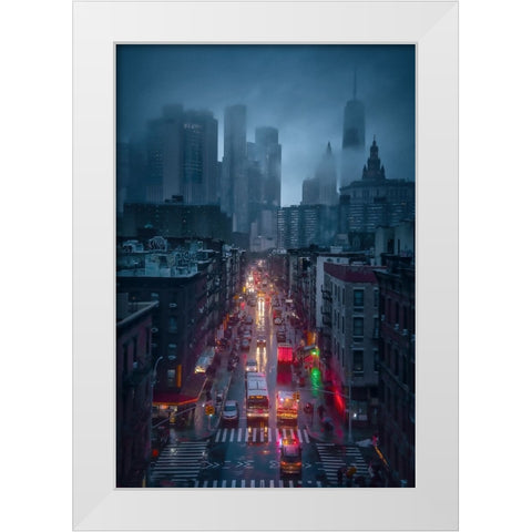 Raining China Town White Modern Wood Framed Art Print by De La, Javier