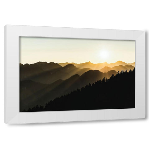 Sunset sun rays over the mountains White Modern Wood Framed Art Print by Yamada, Tomomi