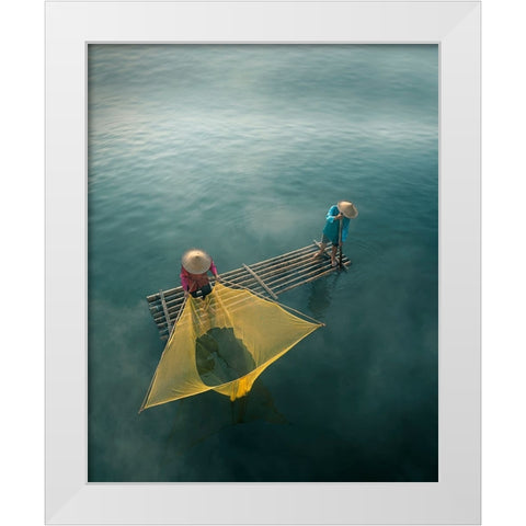 fisherman White Modern Wood Framed Art Print by Octavandy
