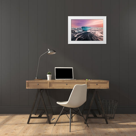 Blue qGemstoneq on black sand beach White Modern Wood Framed Art Print by (David) Dai, Wei