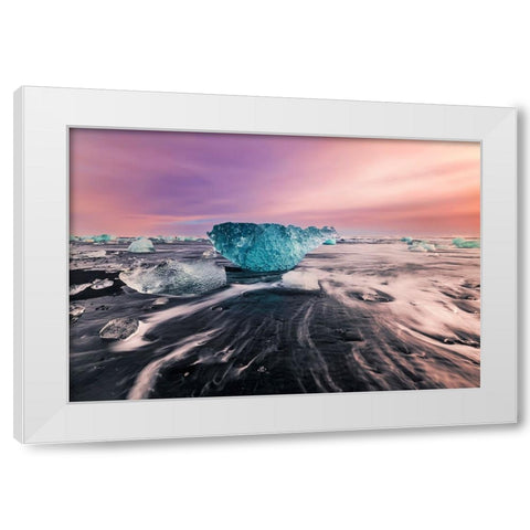 Blue qGemstoneq on black sand beach White Modern Wood Framed Art Print by (David) Dai, Wei