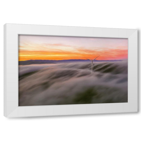 A Windmill In The Fog White Modern Wood Framed Art Print by Qiu, Jenny