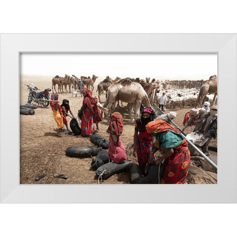 So Much ActIVity Around The Well At Borkou Desert-Tchad White Modern Wood Framed Art Print by Molina, Elena